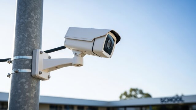 White outdoor surveillance camera on a pole, monitoring a building under a blue sky
