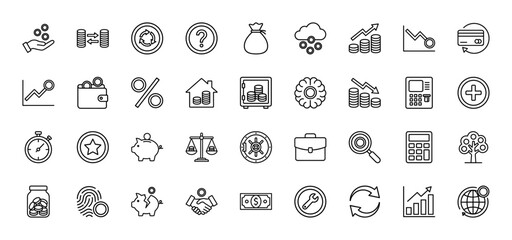 Fototapeta premium Finance and banking line icon set. vector pictograms of money, coin, graph, wallet, and calculator, thin outline illustration.