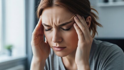 Naklejka premium Young woman suffering from headache/migraine, eyes closed, hands pressing temples in pain