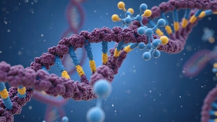 3D rendering of a detailed DNA double helix with interacting molecules on a blue background