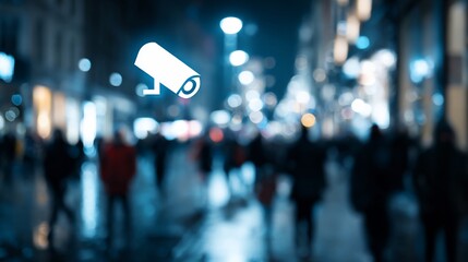 Surveillance camera hovering over a blurred night street scene with people