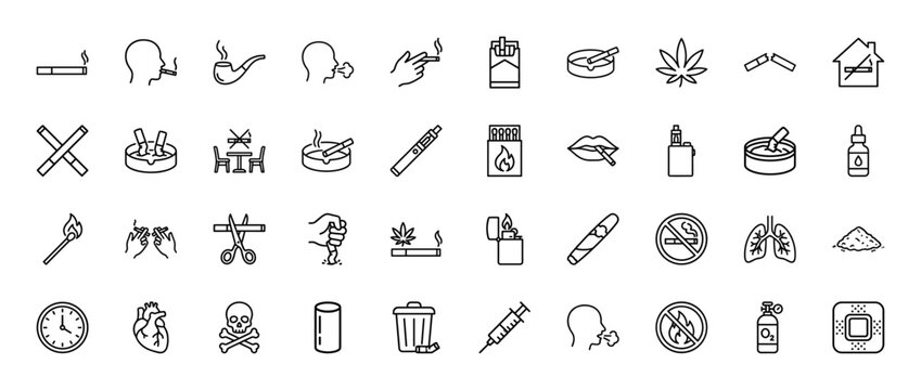 Smoking and addiction line icon set. Vector pictograms of cigarette, pipe, vape, ashtray, and no smoking sign, thin outline illustration.