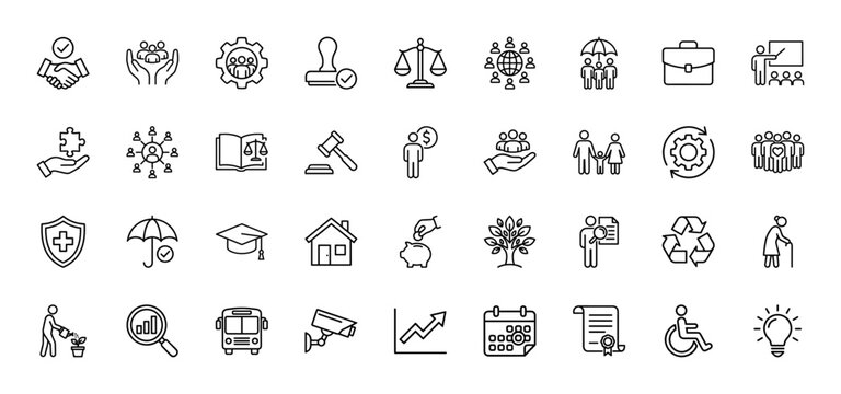 Social responsibility and human rights line icon set. Vector pictograms of handshake, family, law, and education, thin outline illustration.