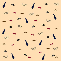 Men&rsquo;s Day seamless pattern with mustache, glasses, hat, tie and bow tie icons, transparent background, vector repeat design for Father&rsquo;s Day and men&rsquo;s gifts, wrapping paper and fabric.