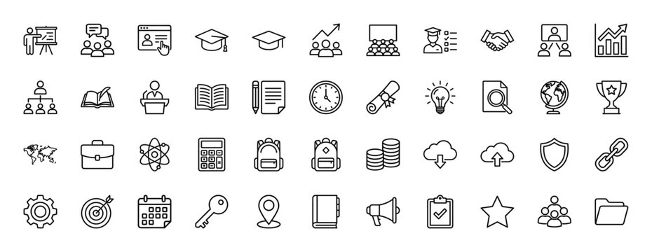 Education, business, and finance line icon set. Vector pictograms of graduation cap, textbook, calendar, gear, and calculator, thin outline illustration.