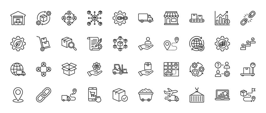 Logistics and supply chain line icon set. Vector pictograms of warehouse, shipping truck, delivery box, and tracking, thin outline illustration.