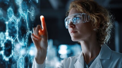 Innovation in the Lab: A focused scientist, adorned with futuristic eyewear, interacts with an intricate digital display.