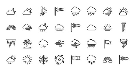 Weather forecasting line icon set. Vector pictograms of sun, rain, wind, clouds, and snow, thin outline illustration.