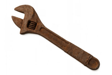 Rusty adjustable wrench showing old age and corrosion, a valuable tool for repair and vintage concepts, transparent background
