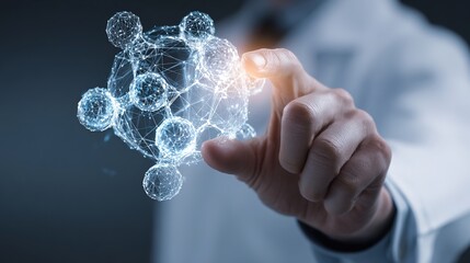Scientific Exploration: An expert's hand delicately examines a holographic, glowing molecular structure, symbolizing scientific discovery, technological innovation.
