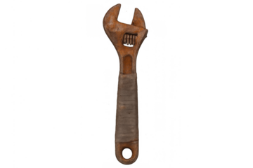 Rusty adjustable wrench, an old worn hand tool for maintenance and renovation on a transparent background