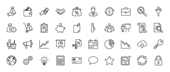 Business and finance line icon set. vector pictograms of money, wallet, handshake, chart, and calendar, thin outline illustration.