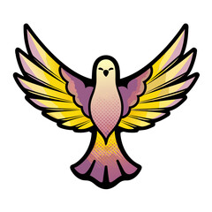 Obraz premium Colorful dove with outstretched wings in flying position, isolated vector image on a transparent background in comic book, pop art style 