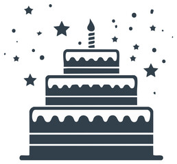 Three Tier Celebration Cake with Candle and Falling Stars Icon