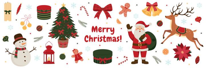 Set of Christmas illustration with snowman, candy, lantern, candles, poinsettia, gingerbread cookies, Christmas tree, Santa Claus, gifts, bells,  reindeer and holiday decor elements for design.