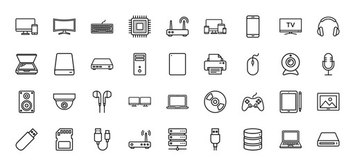 Fototapeta premium Technology and computer device line icon set. Vector pictograms of smartphone, keyboard, monitor, printer, and cpu, thin outline illustration.
