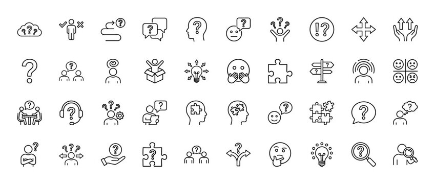 Decision making line icon set. Vector pictograms of question mark, dilemma, solution, confusion, and choice, thin outline illustration.