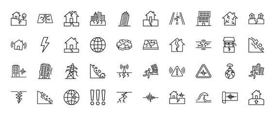 Fototapeta na wymiar Natural disaster and earthquake line icon set. Vector pictograms of cracked houses, buildings, landslide, and seismic waves, thin outline illustration.