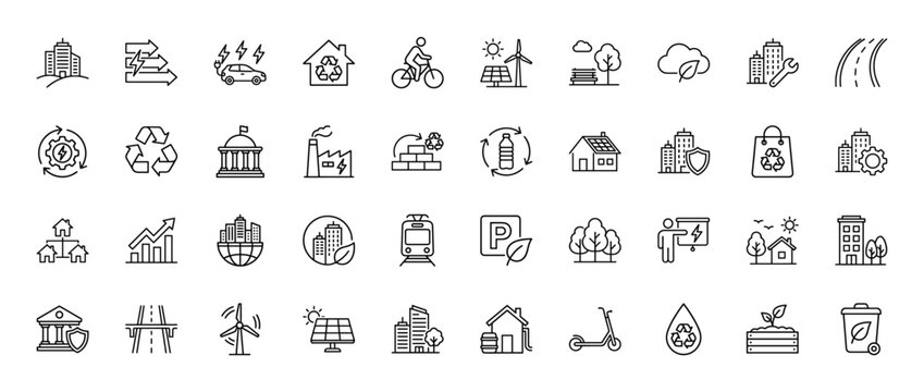 Smart city and sustainable development line icon set. Vector pictograms of renewable energy, transportation, and green building, thin outline illustration.