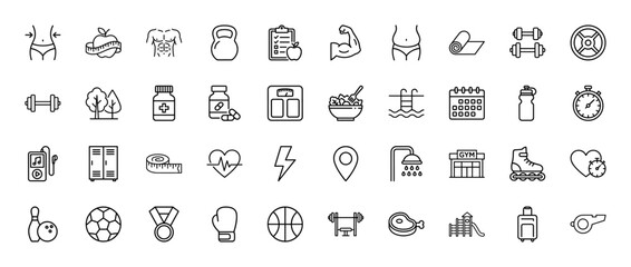 Fitness and healthy lifestyle line icon set. Vector pictograms of dumbbell, scale, stopwatch, and gym, thin outline illustration.