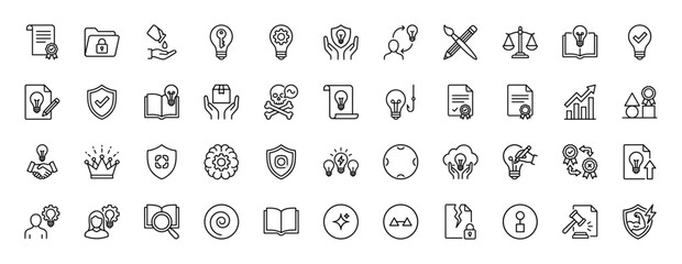Intellectual property and creative assets line icon set. Vector pictograms of patent, copyright, idea, contract, and shield, thin outline illustration.