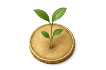 Sprout growing on golden coin representing financial investment, business growth, and sustainable finance concept