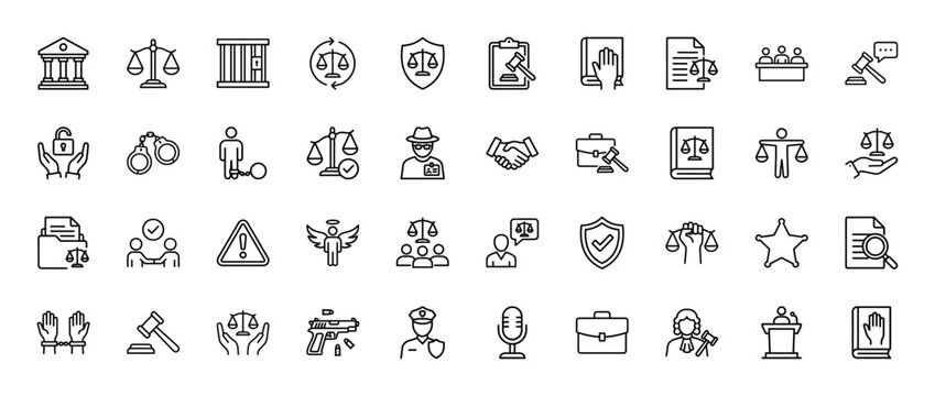 Justice and law line icon set. vector pictograms of judge, gavel, handcuffs, and courthouse, thin outline illustration.
