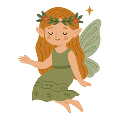 Cute fairy girl with long hair, leaf-pattern dress, and delicate wings. Perfect for children’s books, fantasy stories, stickers, and magical illustration projects