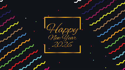 Happy New Year 2026 banner with golden text and ribbon on red background. Vector illustration.