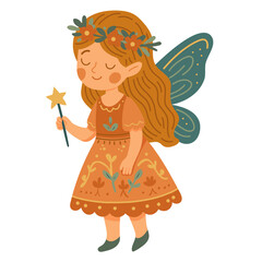 Cute fairytale fairy girl with floral dress, wings, and magic wand. Charming whimsical character perfect for kids’ books, stickers, fantasy designs, and magical illustration projects