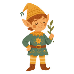 Cute fairytale elf boy holding a leaf branch, dressed in decorative folk-style clothes. Perfect for children&rsquo;s books, stickers, fantasy themes, and whimsical illustration projects