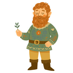 Cute fairytale man with a beard holding a small branch, dressed in folk-style clothing with floral patterns. Perfect for storybooks, sticker sets, kids illustrations, and fantasy themes
