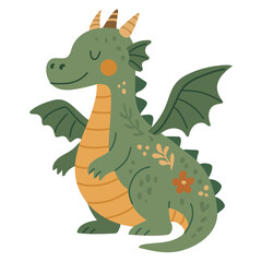 Cute friendly dragon with decorative floral patterns, whimsical fairytale style. Perfect for children’s books, stickers, fantasy themes, prints, and playful illustration projects