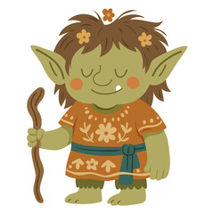 Cute forest troll character in a floral dress holding a wooden staff. Whimsical fantasy creature illustration perfect for storybooks, games, stickers, and magical-themed designs