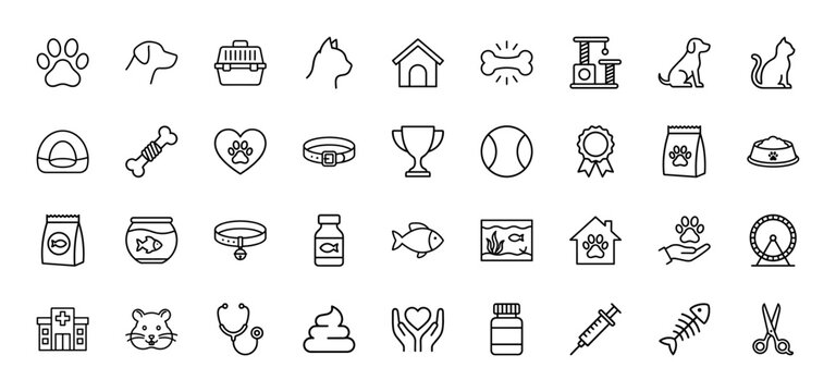 Veterinary and pet care line icon set. Vector pictograms of paw, bone, cat, dog, bowl, fish, and cage, thin outline illustration.