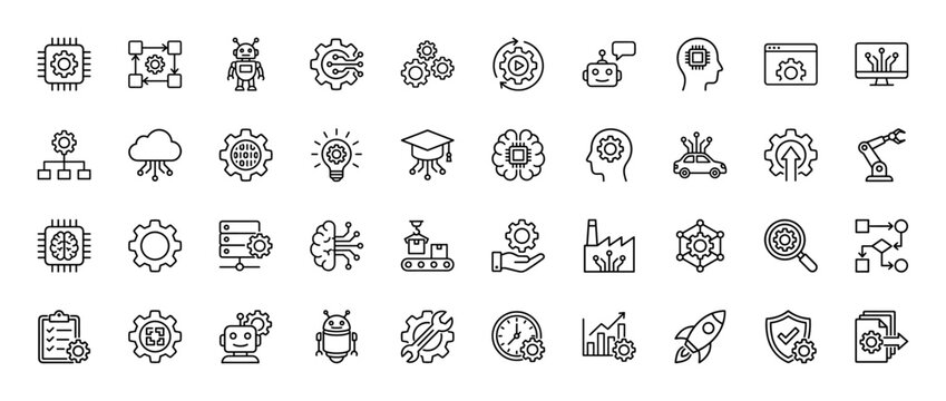 Industrial artificial intelligence line icon set. Vector pictograms of robotics, automation, processing, and cloud computing, thin outline illustration.