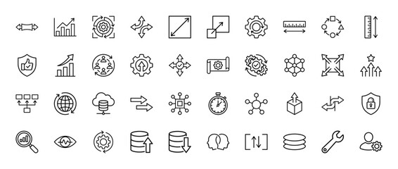 Business and technology line icon set. Vector pictograms of growth charts, gears, data security, and development arrows, thin outline illustration.