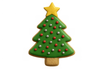 Christmas tree cookie decorating with green icing and a star, celebrating winter holidays and festive season, transparent background
