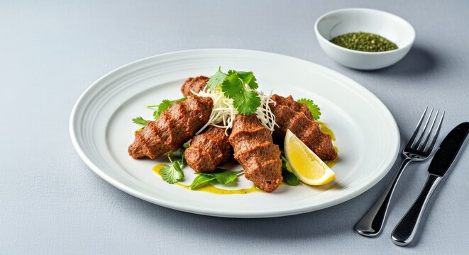 Refined Editorial Styling of Cig Kofte on a Modern Restaurant Platter High-End Turkish Cuisine