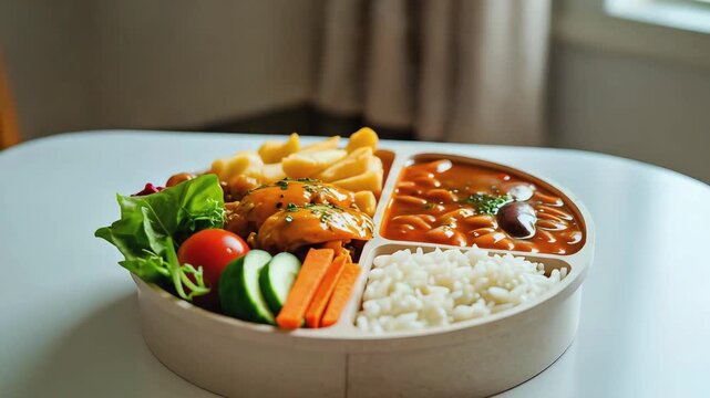 Cinematic Food Video of Traditional Brazilian Marmita Lunch Box from Minas Gerais with Rice, Feij&atilde;o, and Frango