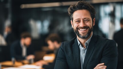 The Confident Leader: A distinguished business leader, radiates authority and approachability with a genuine smile. Captured in a modern, stylish office setting, his presence exudes confidence.