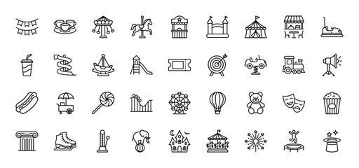 Amusement park line icon set. Vector pictograms of roller coaster, carousel, tent, popcorn, and ticket, thin outline illustration.