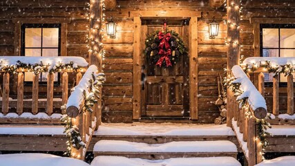 Cozy log cabin porch decorated with Christmas lights and snow - Powered by Adobe