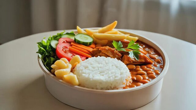 Cinematic Food Video of Traditional Brazilian Marmita Lunch Box from Minas Gerais with Rice, Feij&atilde;o, and Frango