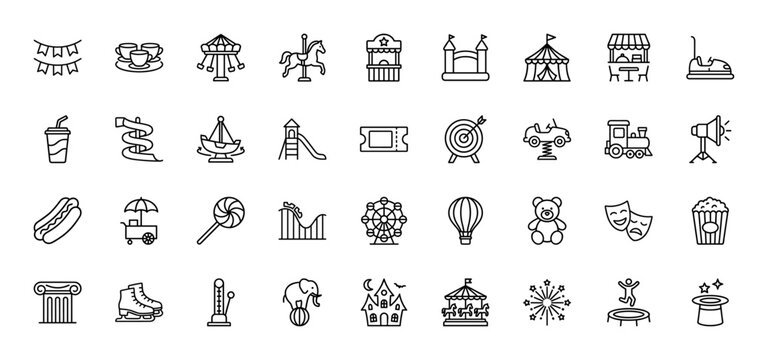 Amusement park line icon set. Vector pictograms of roller coaster, carousel, tent, popcorn, and ticket, thin outline illustration.
