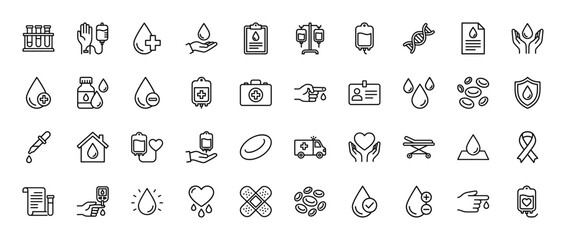 Medical donation and blood analysis line icon set. Vector pictograms of blood bags, dna, first aid kit, and tests, thin outline illustration.