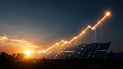Solar Energy Ascent: A dynamic composition where solar panels, bathed in the warmth of a setting sun, become the foundation for a vibrant upward graph.