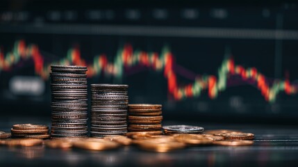 Market Dynamics: The image features stacks of coins in front of a fluctuating financial graph, illustrating the intricate interplay of investment and economic progress.
