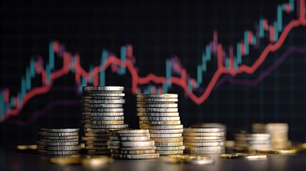 Financial Growth Visual: Stacks of coins are arranged, with an upward-trending stock chart, symbolizing financial growth, investment, and economic prosperity.