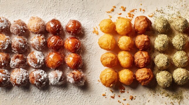 Assorted donut balls with powdered sugar and toppings